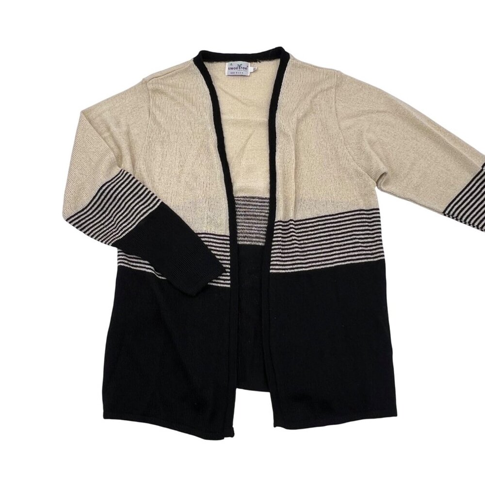 Sweetree Vintage Women's Beige & Black Open‎ Front Cardigan Medium Lightweight